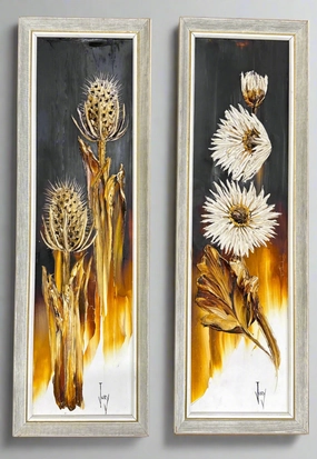 PAIR OF MID CENTURY MODERN IMPASTA FLOWER PAINTINGS classic mural painting