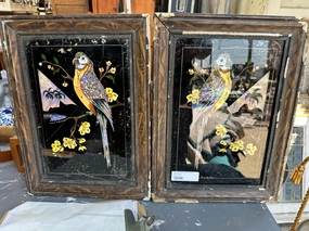 PAIR OF MIXED MEDIA BIRD PAINTINGS AS FOUND classic mural painting