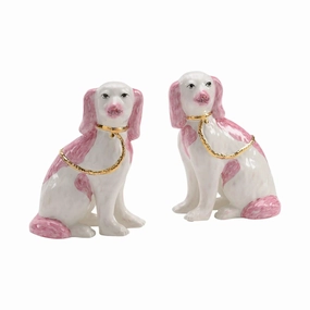 Pair of Pink & White Porcelain Decorative Dogs with Gold Collars home display ornament