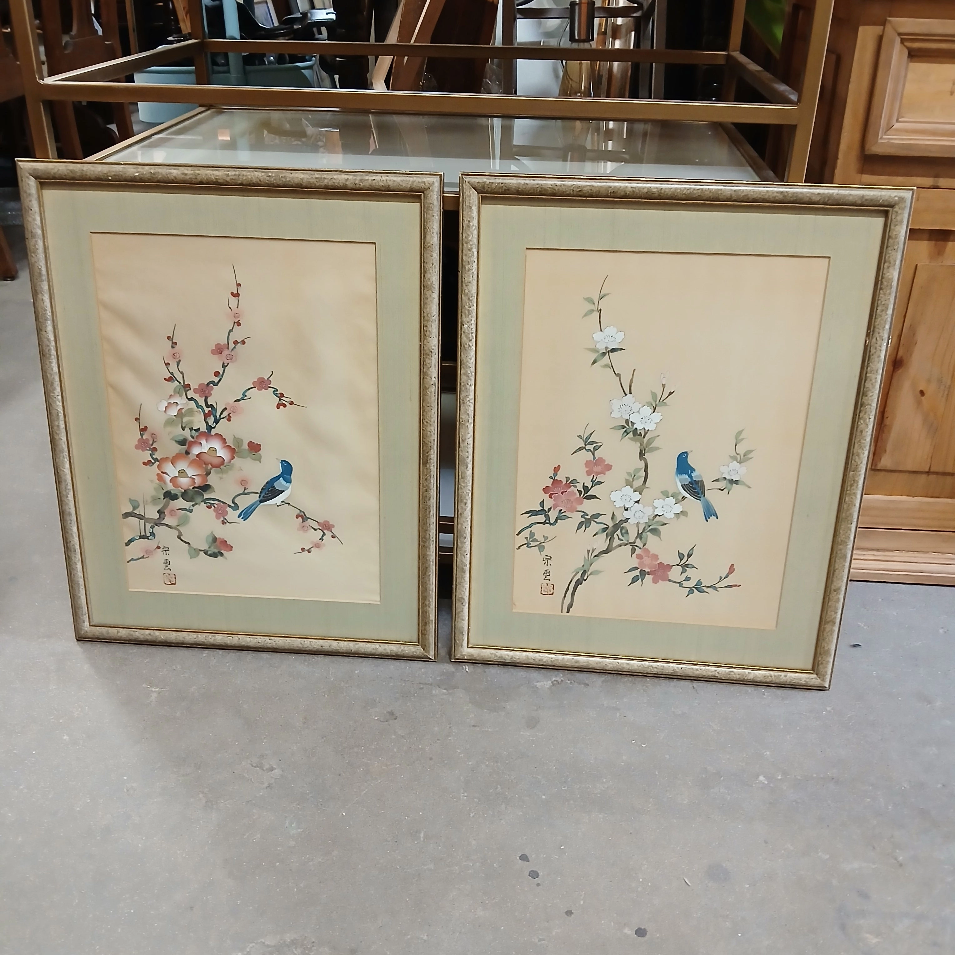 PAIR OF SILK BIRD PAINTINGS