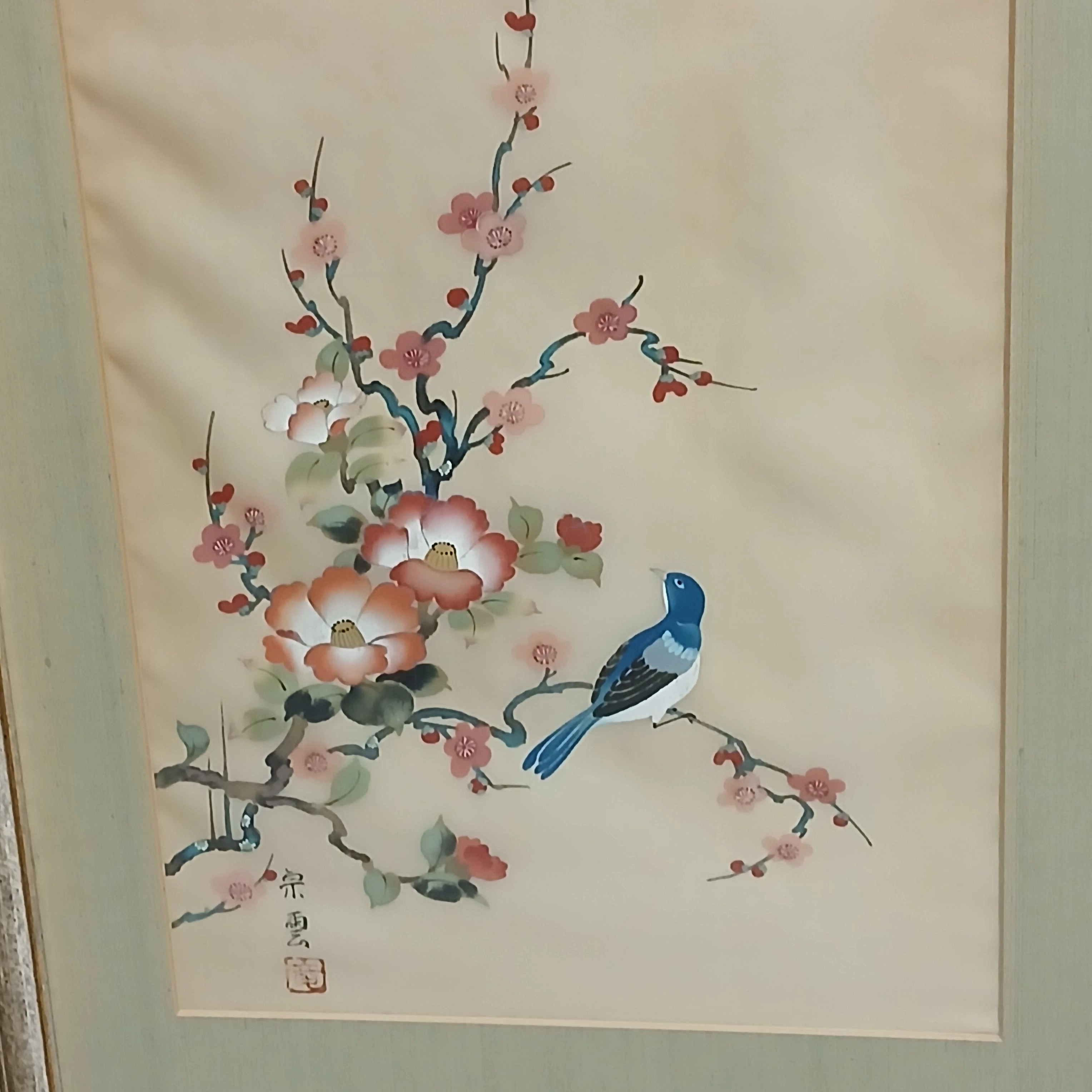 PAIR OF SILK BIRD PAINTINGS