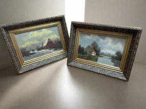 PAIR OF SMALL LANDSCAPE OIL PAINTINGS OF SEASONS classic mural painting