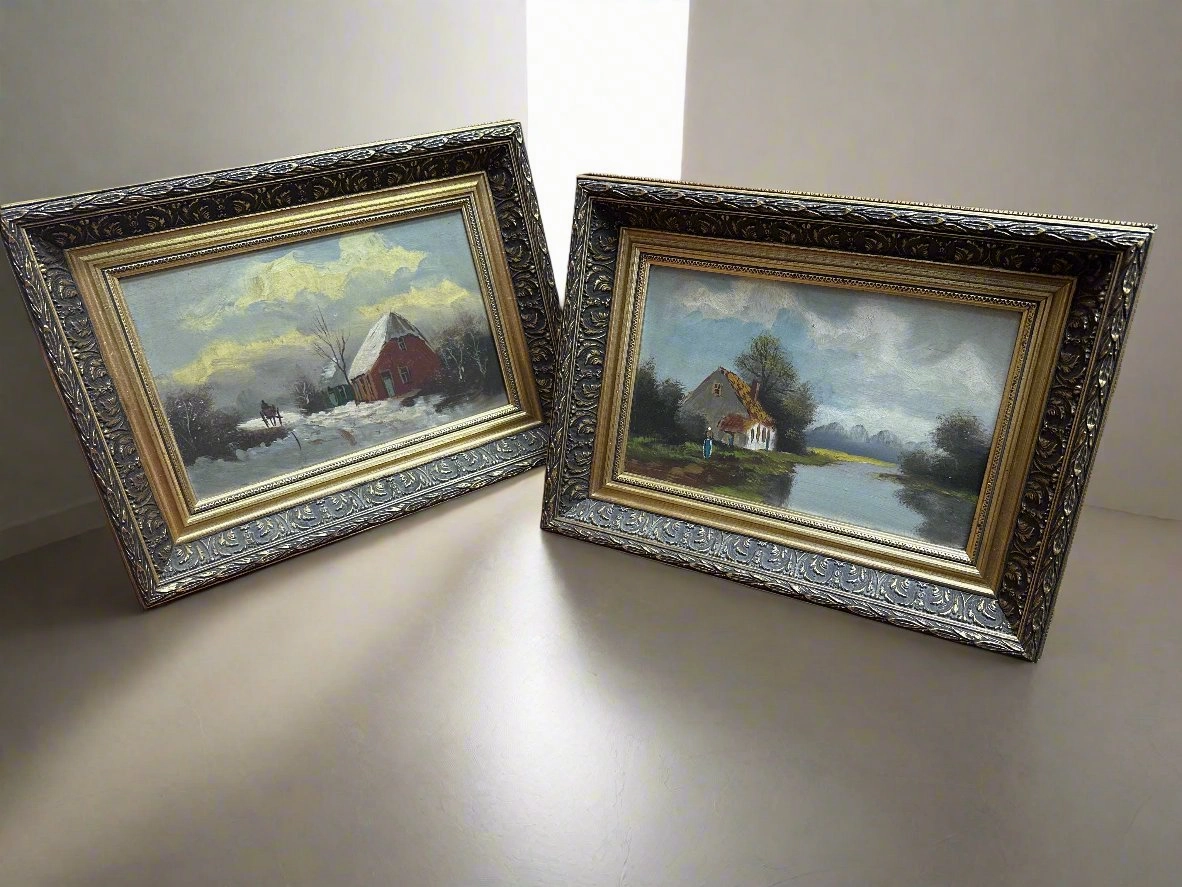 PAIR OF SMALL LANDSCAPE OIL PAINTINGS OF SEASONS classic mural painting