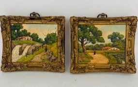 PAIR OF SMALL OIL PAINTINGS - HOUSE ON A RIVER classic mural painting