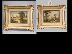 PAIR OF SMALL WHITE FRAMED LANDSCAPE OIL PAINTINGS WITH POND AND LADY ON ROAD classic mural painting