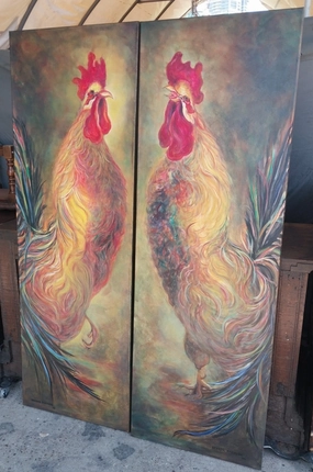 PAIR OF TALL ROOSTER OIL PAINTINGS classic mural painting