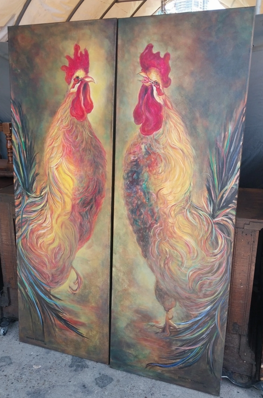 PAIR OF TALL ROOSTER OIL PAINTINGS classic mural painting