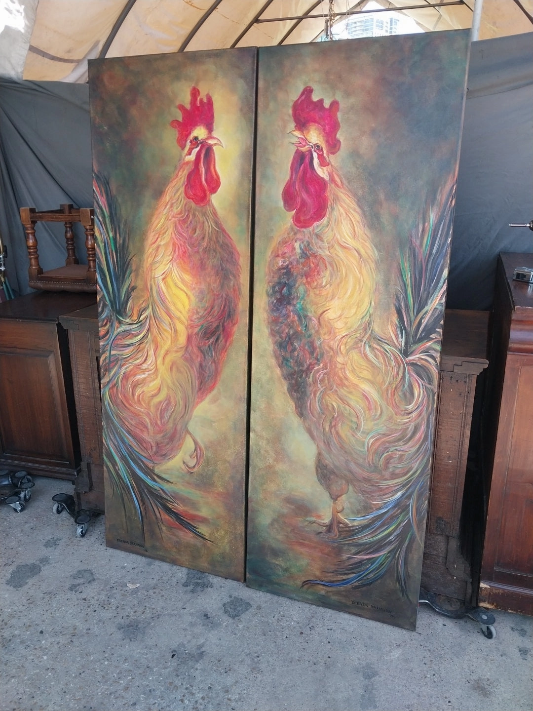 PAIR OF TALL ROOSTER OIL PAINTINGS