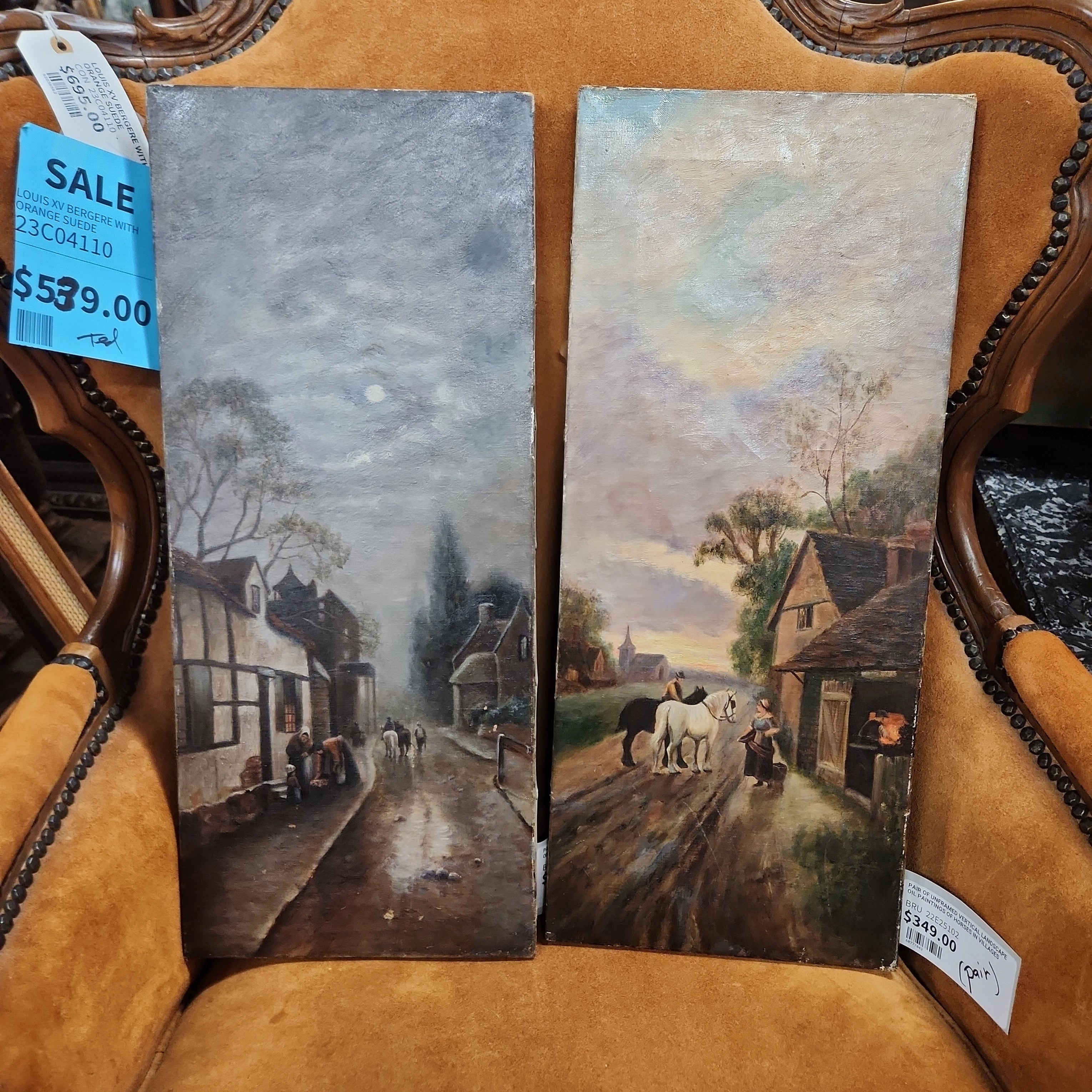 PAIR OF UNFRAMED VERTICAL LANDSCAPE OIL PAINTINGS OF HORSES IN VILLAGES classic mural painting