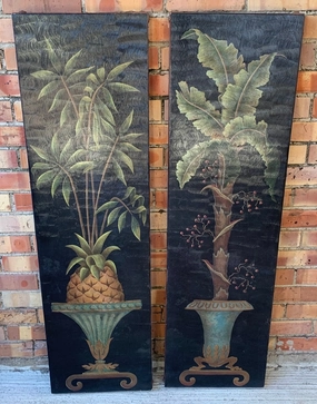 PAIR OF VERTICAL PAINTINGS OF PALM AND PINEAPPLE classic mural painting