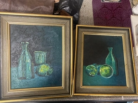 PAIR OF VINTAGE BLUE/GREEN STILL LIFE OIL PAINTINGS classic mural painting