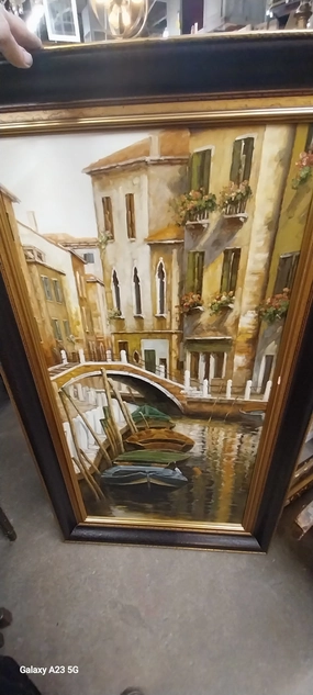 PAIR OF VINTAGE LARGE CANAL OIL PAINTING classic mural painting