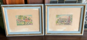 PAIR OF WILLIAMSBURG, VIRGINIA WATERCOLORS BY E. OLIVER FRAMED classic mural painting