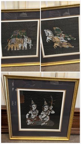 PAIR SQUARE GOLD FRAMED THAI PAINTING ON SILK classic mural painting