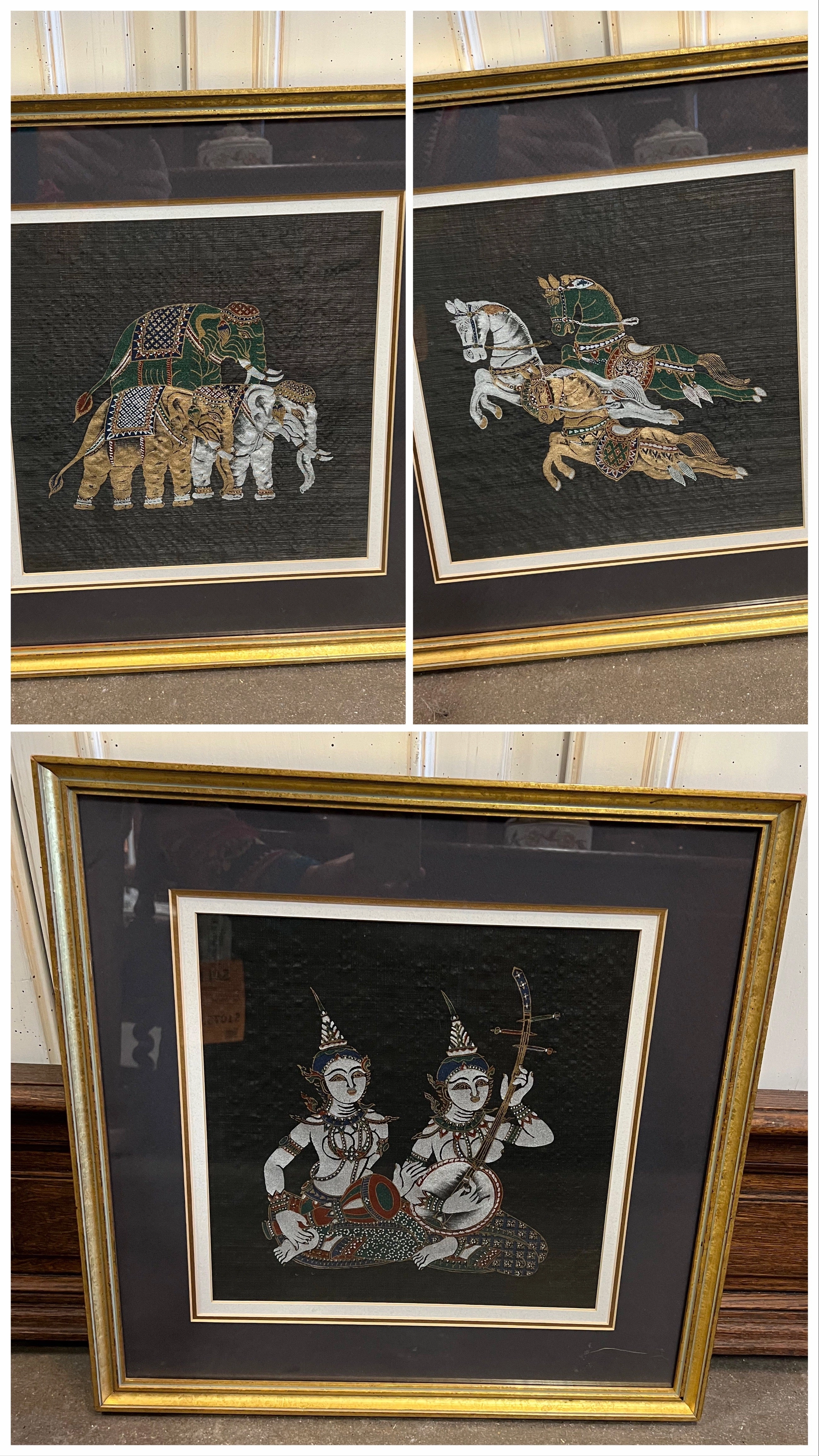 PAIR SQUARE GOLD FRAMED THAI PAINTING ON SILK classic mural painting