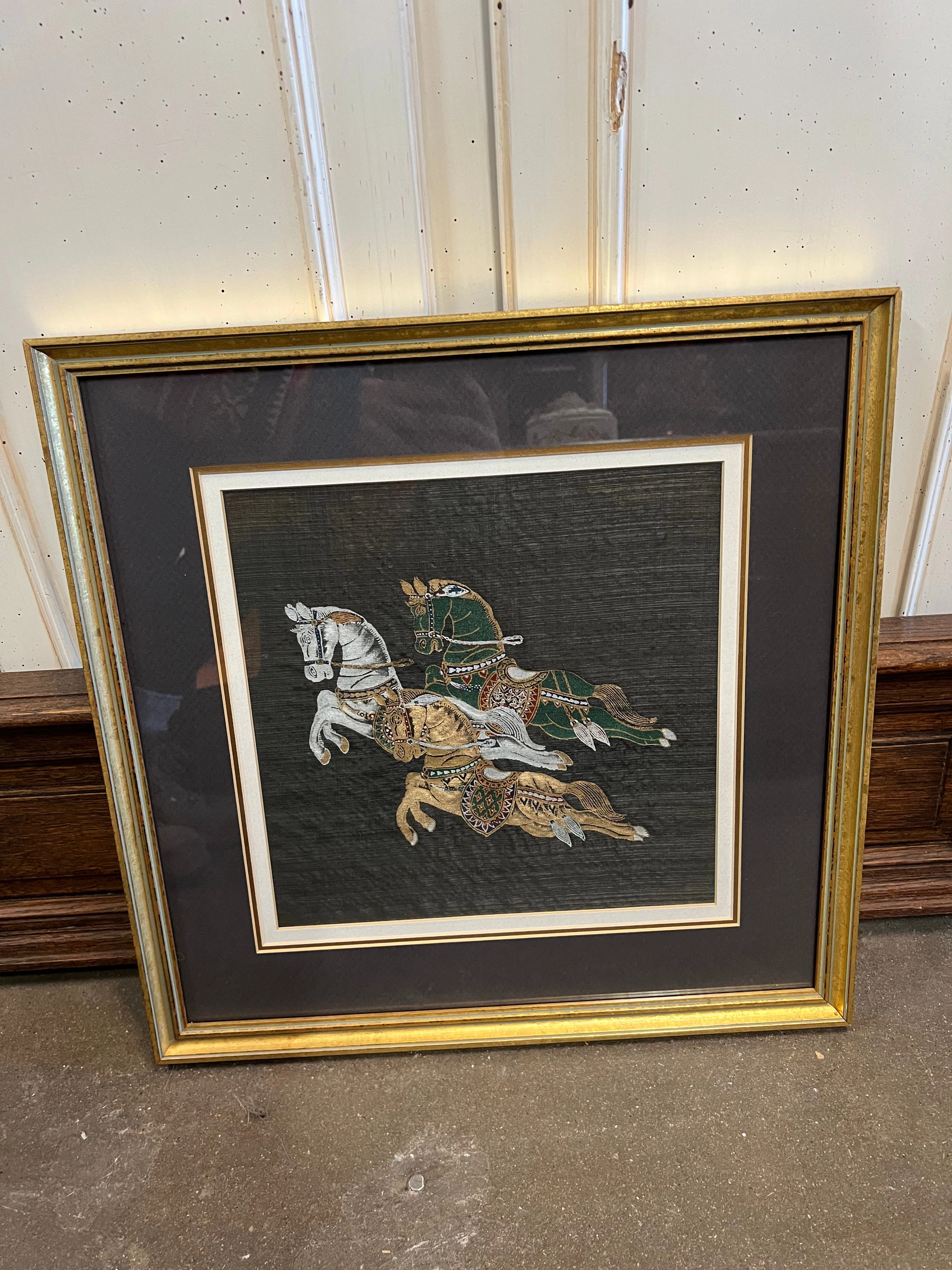 PAIR SQUARE GOLD FRAMED THAI PAINTING ON SILK