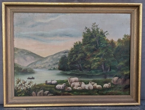 PASTORAL LANDSCAPE OIL PAINTING WITH SHEEP ON CANVAS, SIGNED classic mural painting
