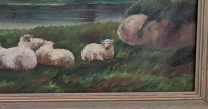 PASTORAL LANDSCAPE OIL PAINTING WITH SHEEP ON CANVAS, SIGNED