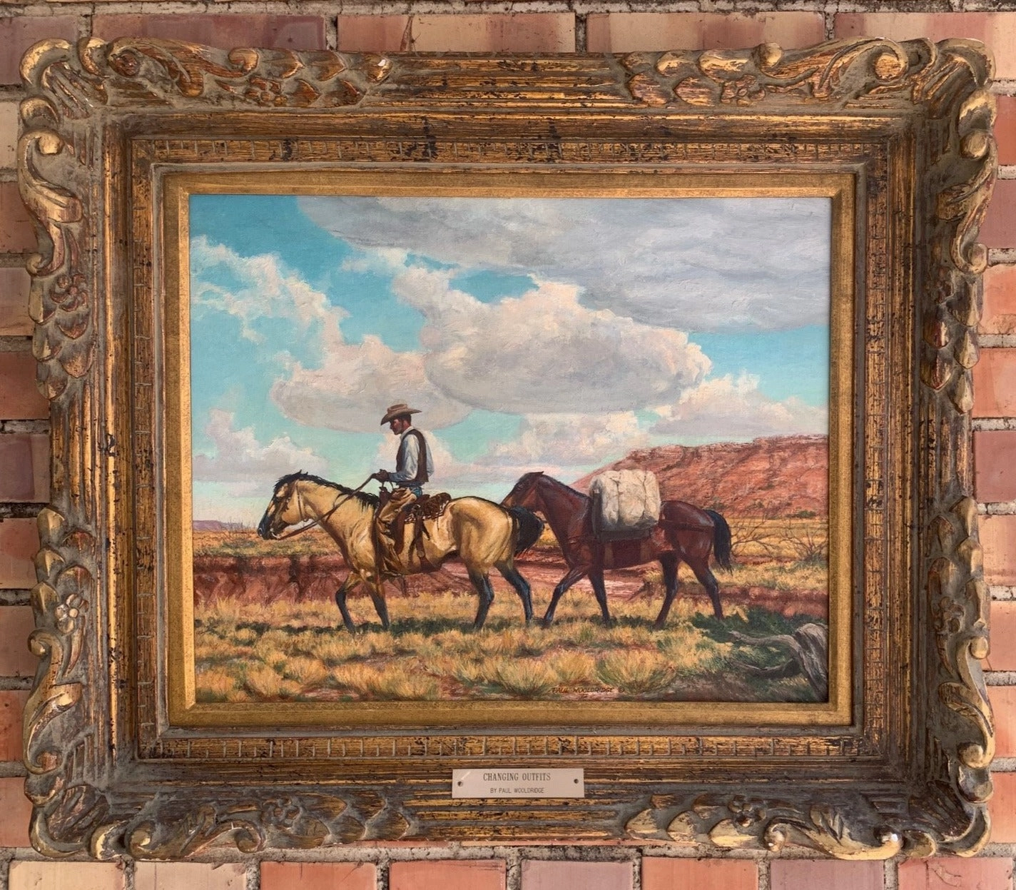 PAUL WOOLDRIDGE 1972 COWPOKE WITH 2 HORSES PAINTING classic mural painting