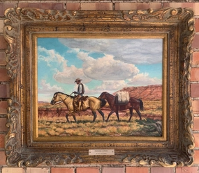 PAUL WOOLDRIDGE 1972 COWPOKE WITH 2 HORSES PAINTING classic mural painting