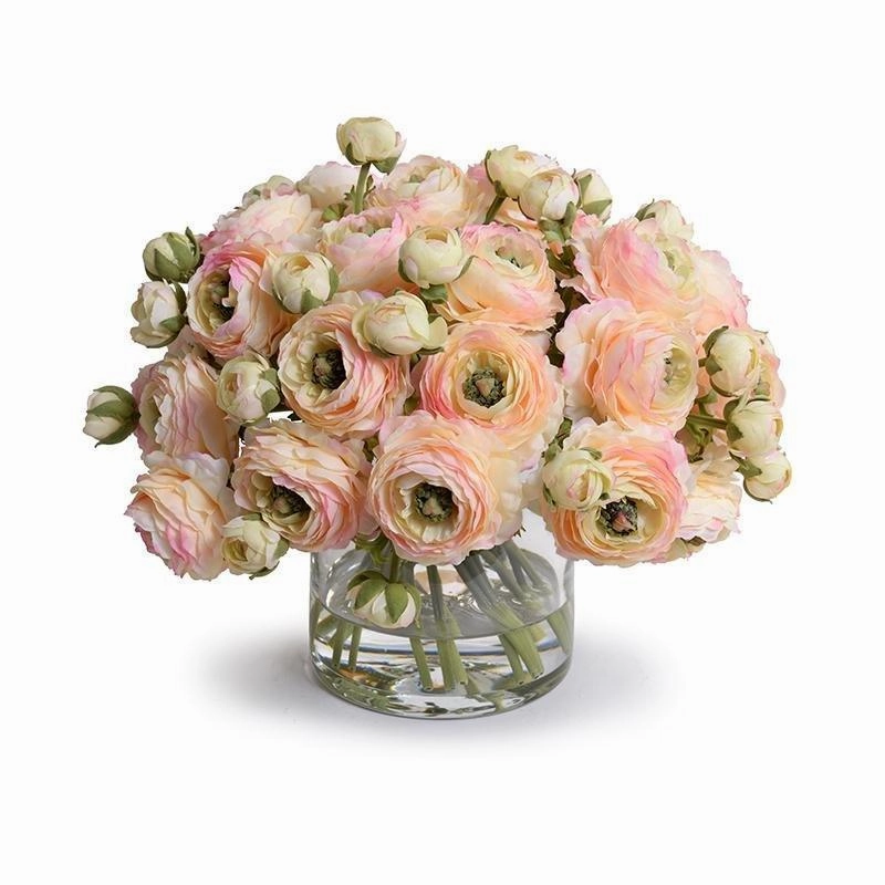 Peach Faux Ranunculus Bouquet in Glass Cylinder home display ornament