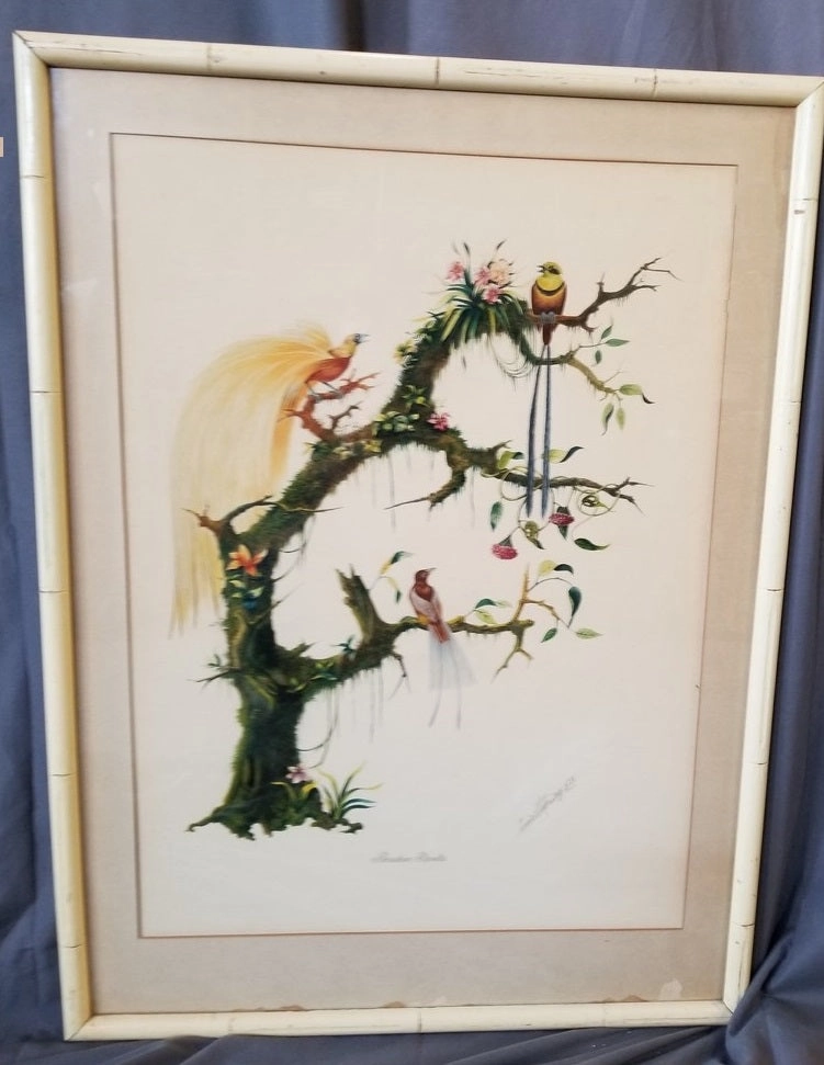 PENCIL DRAWING WITH WATERCOLOR BIRDS OF PARADISE BY D'MARCO classic mural painting