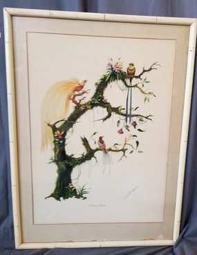 PENCIL DRAWING WITH WATERCOLOR BIRDS OF PARADISE BY D'MARCO classic mural painting