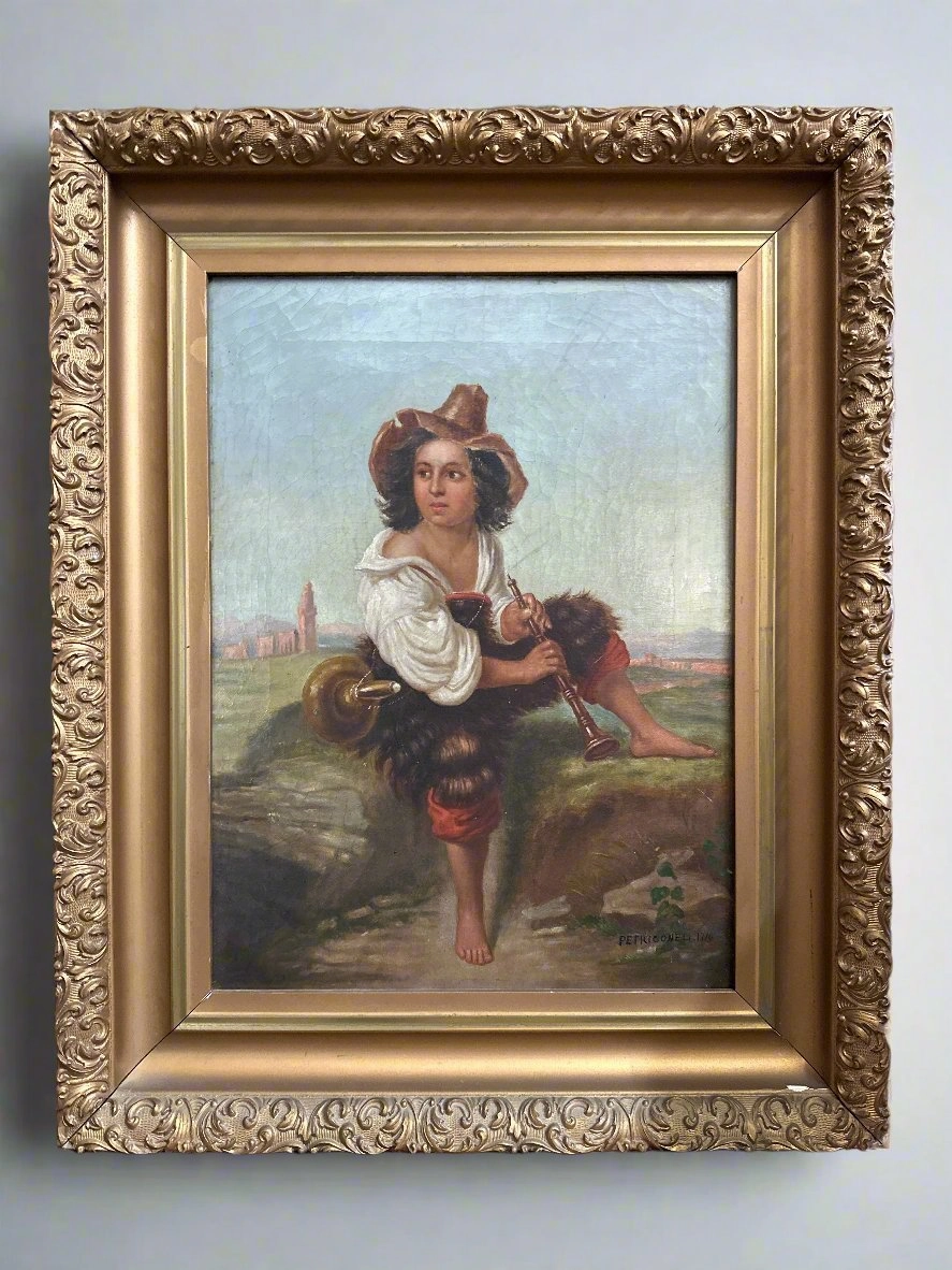 PETRICONELI SIGNED PAINTING OF CHILD MUSICIAN CIRCA 1710 classic mural painting