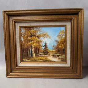 PINE TREE AND STREAM OIL PAINTING IN RUSTIC FRAME classic mural painting