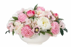 Pink and White Faux Peony and Anemone Arrangement in Ceramic Bowl home display ornament