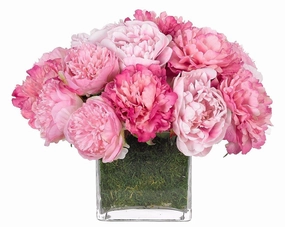 Pink Peony Faux Floral Arrangement in a Moss Garden Glass Cube Vase home display ornament