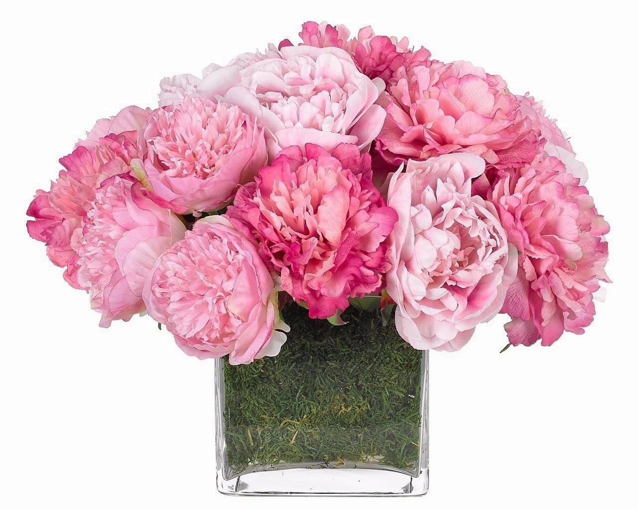 Pink Peony Faux Floral Arrangement in a Moss Garden Glass Cube Vase home display ornament