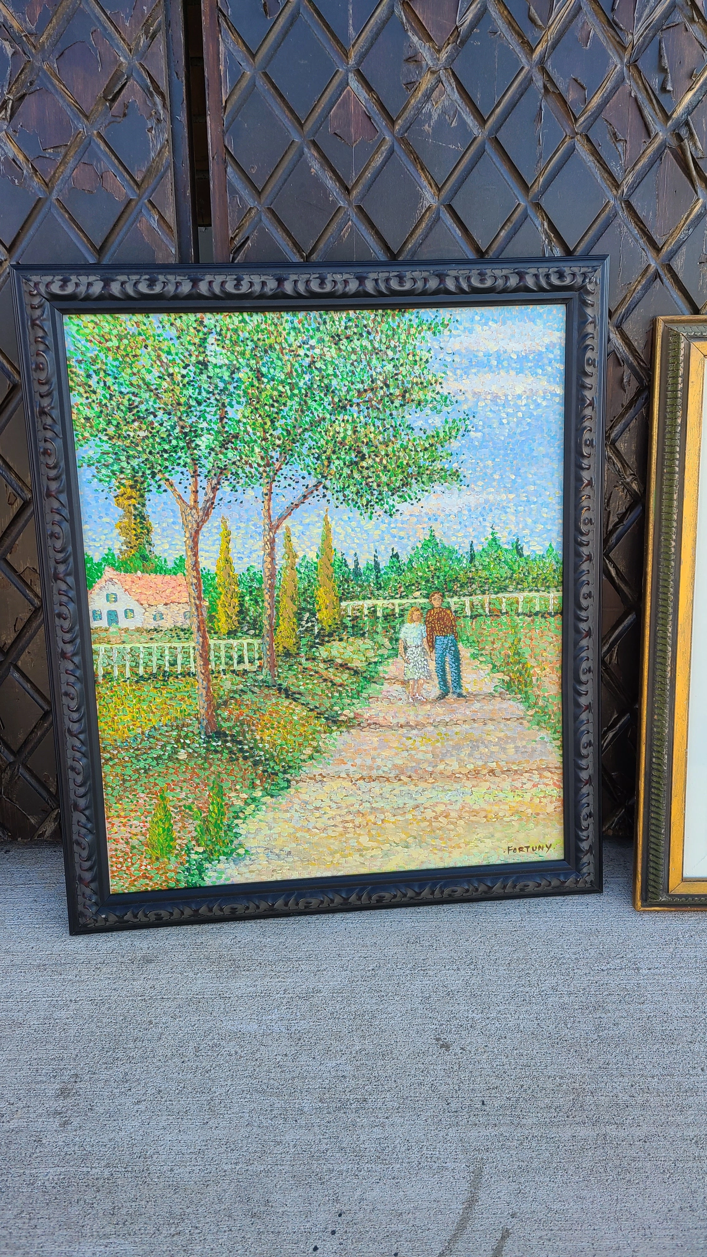 POINILLISM PAINTING OF COUPLE ON A PATH SIGNE FORTUNY classic mural painting