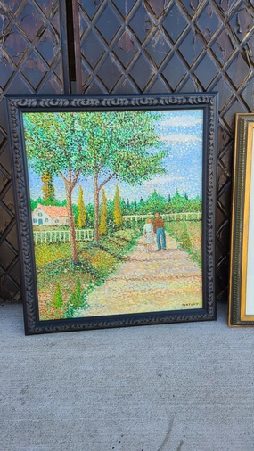 POINILLISM PAINTING OF COUPLE ON A PATH SIGNE FORTUNY classic mural painting