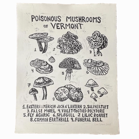 Poisonous Mushrooms Of Vermont - Orignal Linocut Print framed wall decor