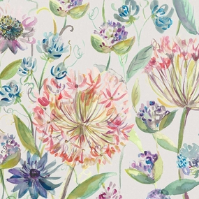 Pom Pom Floral Printed Linen Fabric (By The Metre) Cream elegant table cloth  