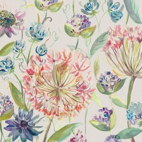 Pom Pom Floral Printed Linen Fabric (By The Metre) Natural elegant table cloth  