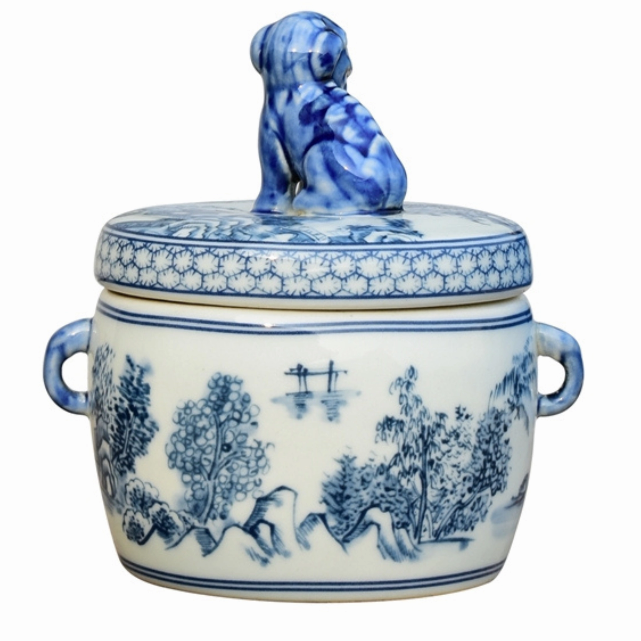 Porcelain Blue & White Canton Foo Dog Candy Jar