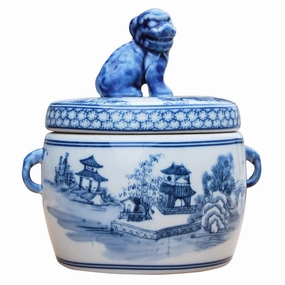 Porcelain Blue & White Canton Foo Dog Candy Jar home display ornament