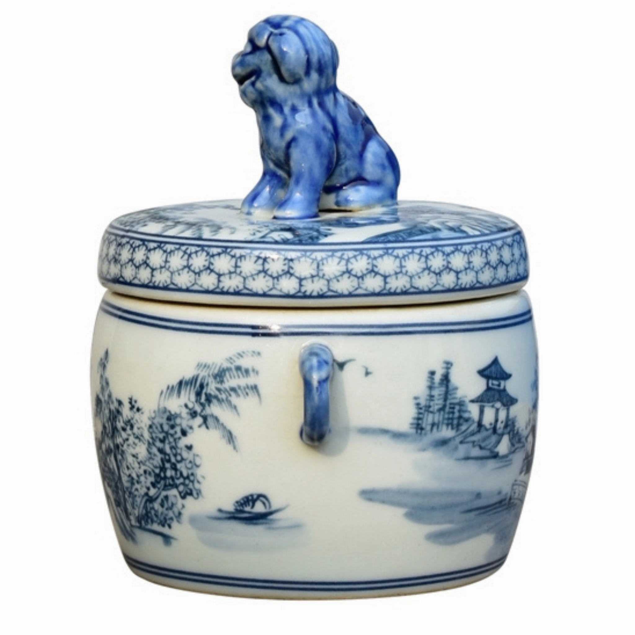 Porcelain Blue & White Canton Foo Dog Candy Jar