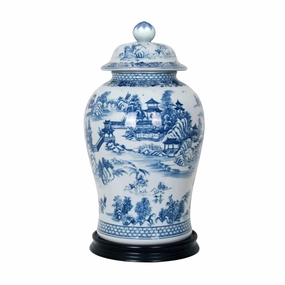 Porcelain Blue & White Chinoiserie Temple Jar with Black Base home display ornament