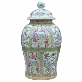 Porcelain Blue and Rose Medallion Temple Jar home display ornament