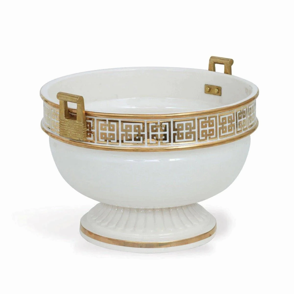 Porcelain Footed Bowl with Brass Handles and Reflective Gold Key Pattern