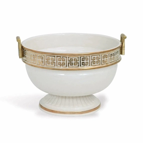 Porcelain Footed Bowl with Brass Handles and Reflective Gold Key Pattern home display ornament