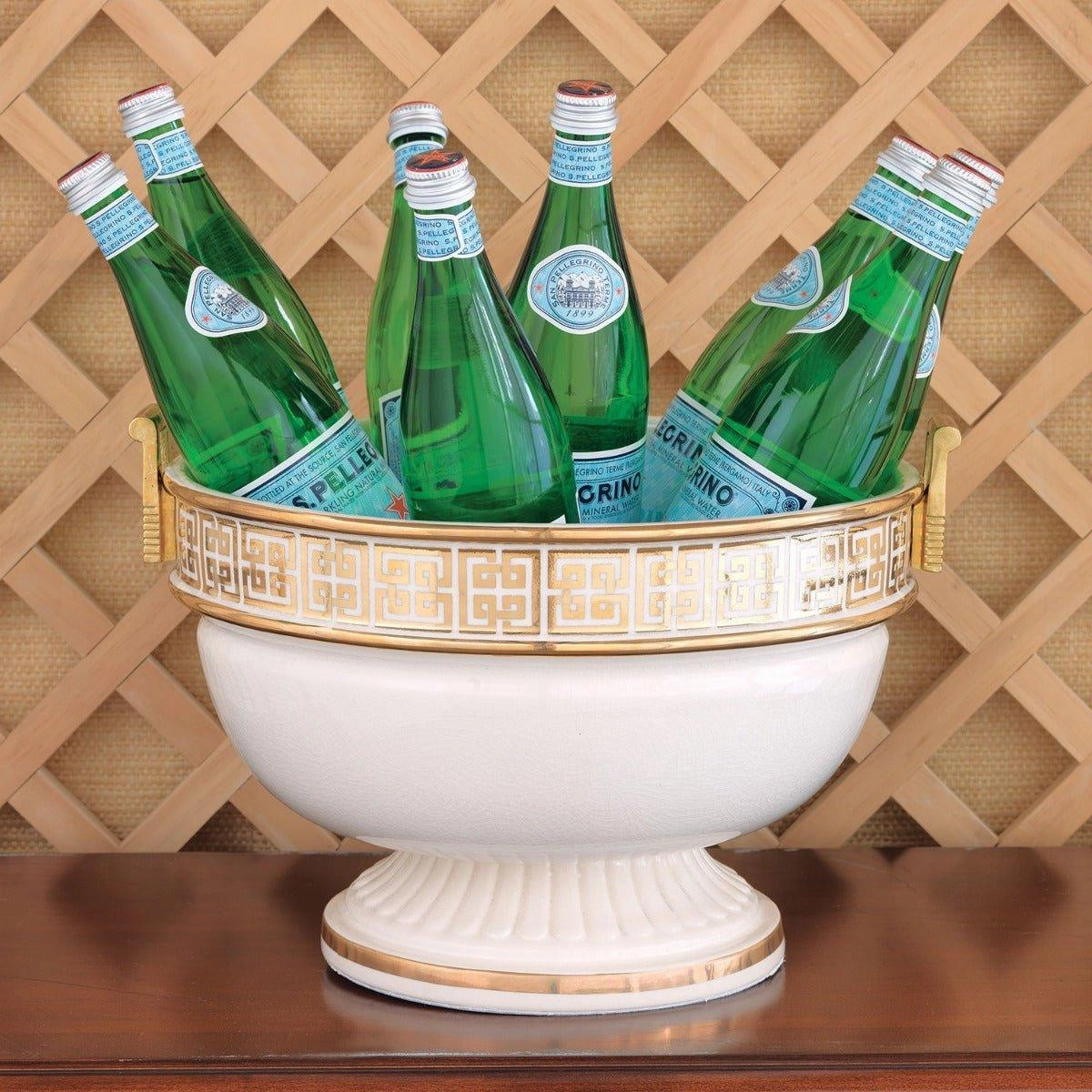 Porcelain Footed Bowl with Brass Handles and Reflective Gold Key Pattern