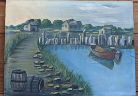 PRIMITIVE OIL ON BOARD PAINTING OF CANOE DOCKED ON LAKE classic mural painting
