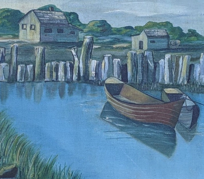 PRIMITIVE OIL ON BOARD PAINTING OF CANOE DOCKED ON LAKE