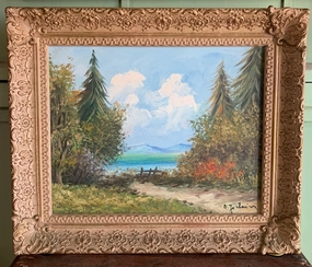 PRIMITIVE OIL PAINTING LANDSCAPE WITH CONIFERS IN ORNATE LARGE FRAME classic mural painting