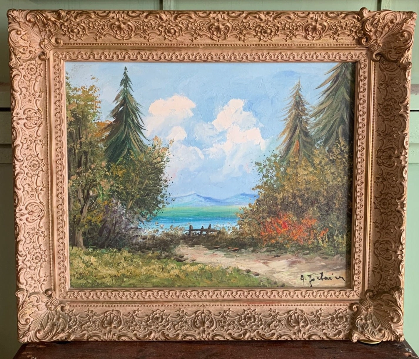 PRIMITIVE OIL PAINTING LANDSCAPE WITH CONIFERS IN ORNATE LARGE FRAME classic mural painting