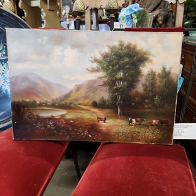 PRIMITIVE UNFRAMED OIL PAINTING OF COWS classic mural painting